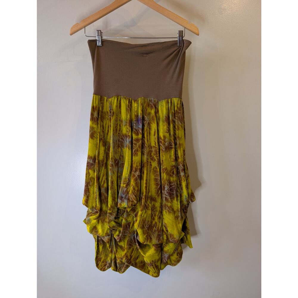 Tanami Tie Dye Boho Maxi Skirt Olive Brown Bubble Hem Ribbon Detail S